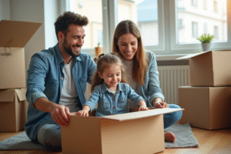 Famille heureuse déballant des cartons dans un appartement lumineux