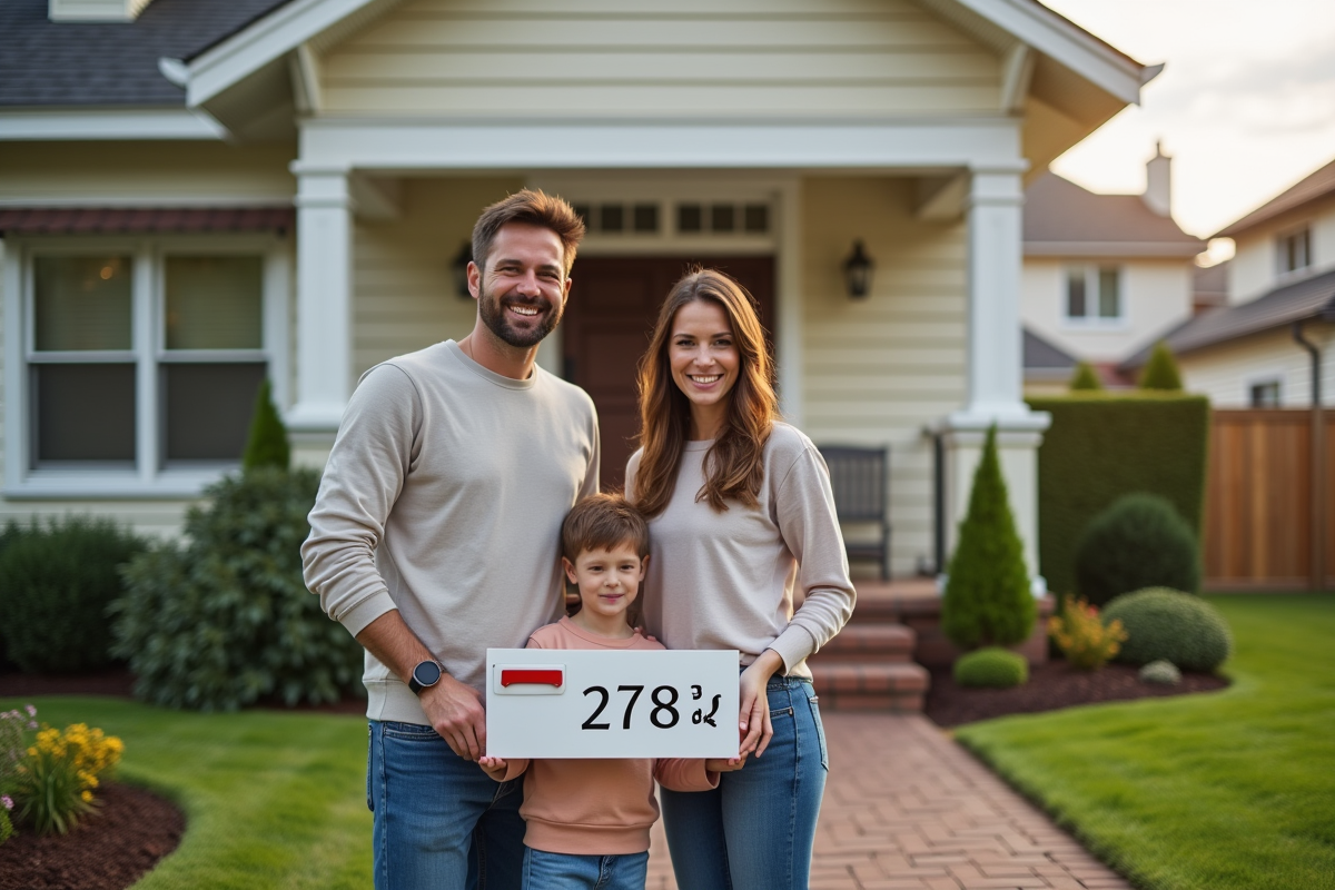 Famille devant leur nouvelle maison tenant une plaque d