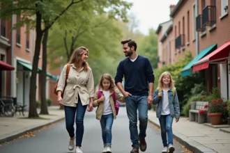 Famille avec enfants se promenant dans une rue résidentielle du Quartier Nord de Villeneuve-Saint-Georges