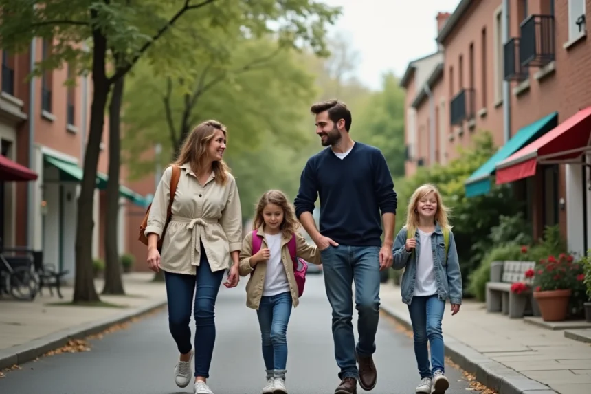 Famille avec enfants se promenant dans une rue résidentielle du Quartier Nord de Villeneuve-Saint-Georges