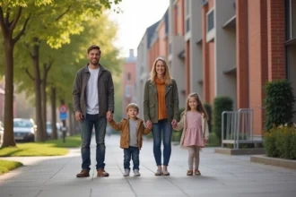 Famille de quatre devant un immeuble toulousain en plein air