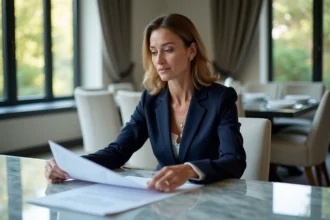 Femme d'affaires en costume bleu examinant documents immobiliers