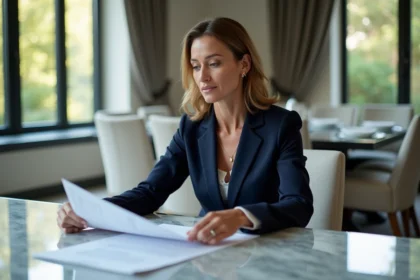 Femme d'affaires en costume bleu examinant documents immobiliers