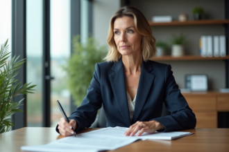 Femme d affaires en costume bleu examinant des documents de prêt immobilier