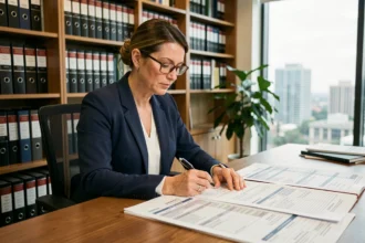 Femme professionnelle analysant un bail commercial avec index ICC INSEE sur son bureau