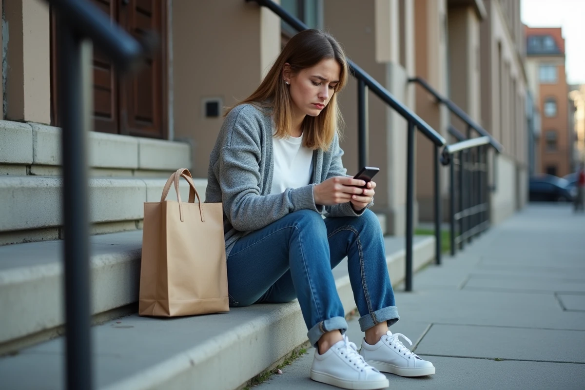 Jeune femme assise sur les escaliers avec son smartphone
