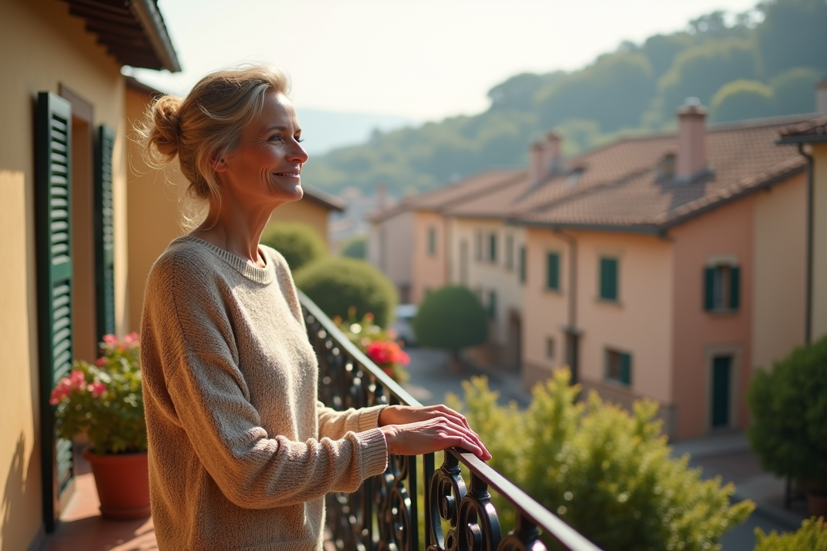 Femme regardant le village depuis un balcon en vacances