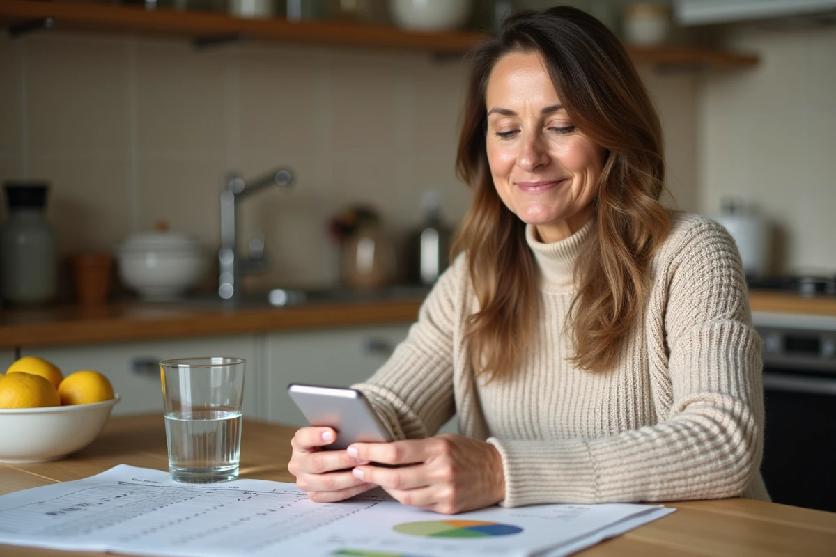 Femme calculant son budget immobilier seule avec un smartphone et un tableau de bord financier imprimé dans une cuisine