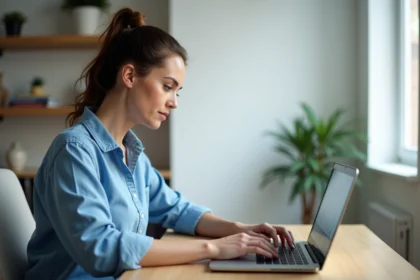 Femme assise à son bureau à la maison en train de vérifier son ordinateur