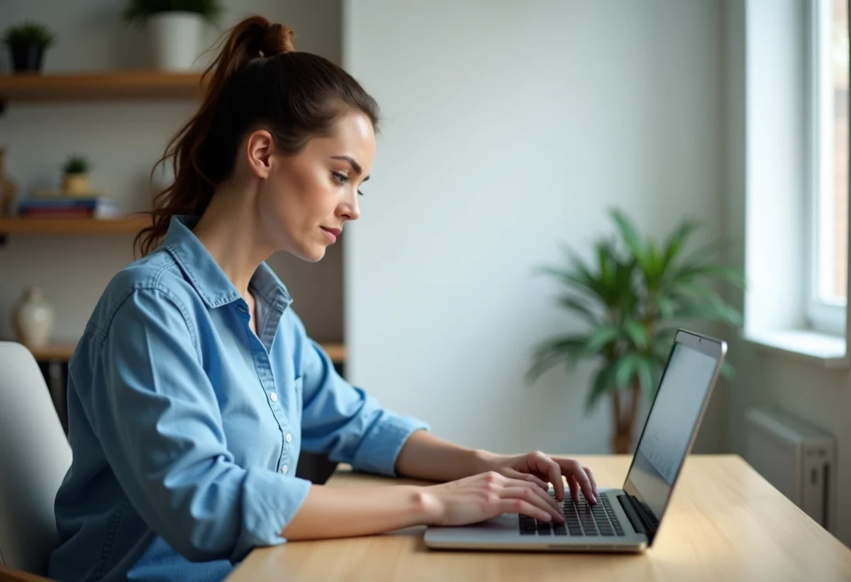 Femme assise à son bureau à la maison en train de vérifier son ordinateur