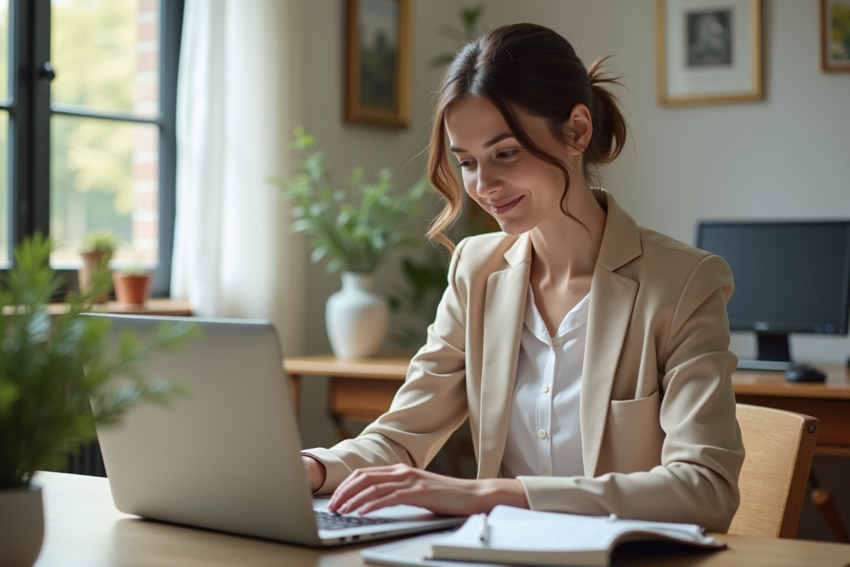 Jeune femme souriante travaillant sur un ordinateur portable
