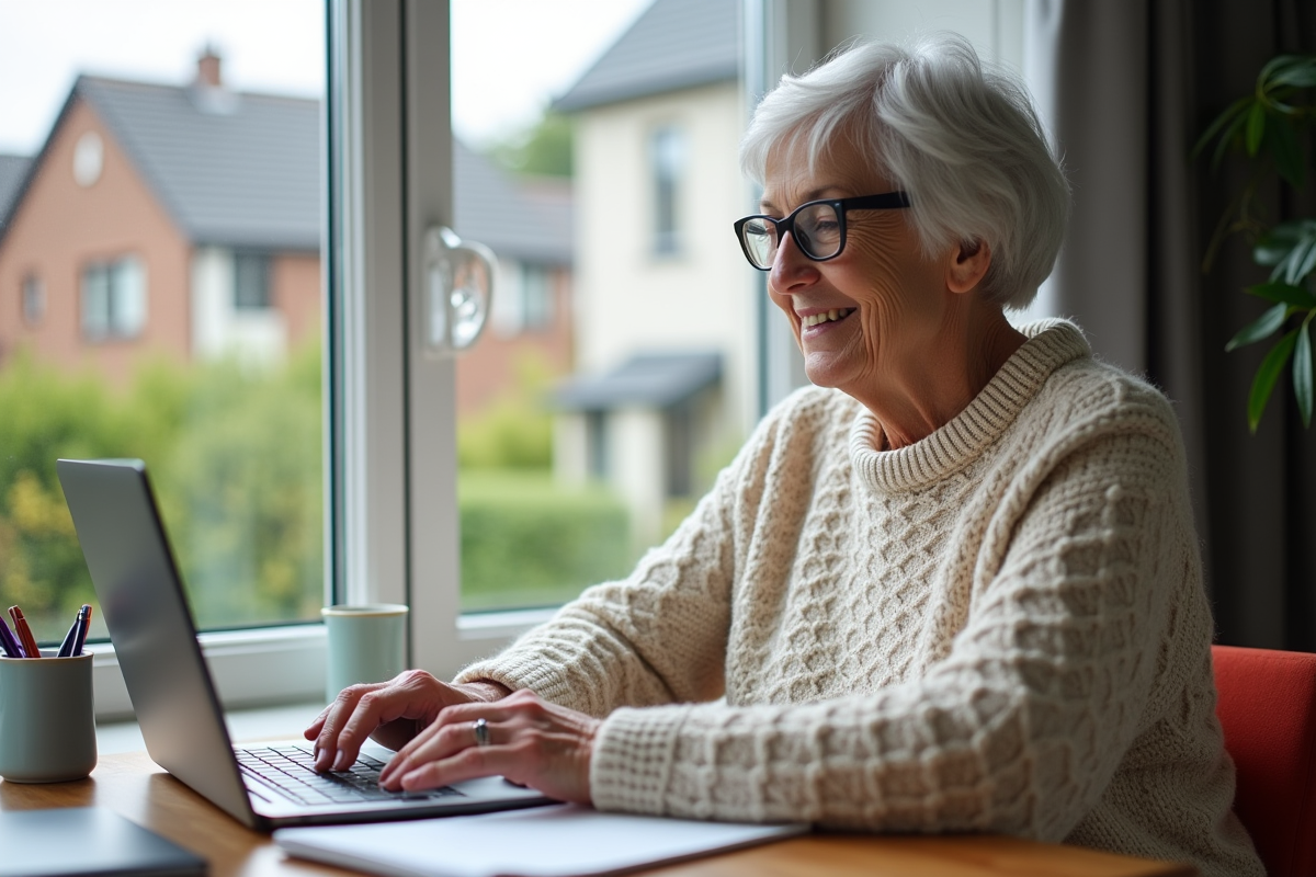 Femme senior travaillant sur un ordinateur dans un bureau lumineux