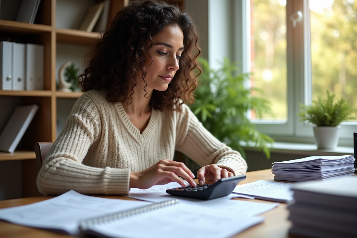 Femme utilisant une calculatrice pour sa déclaration fiscale
