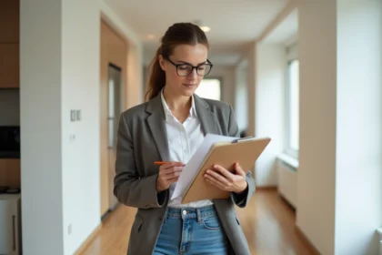 Femme vérifiant une checklist dans un appartement lumineux