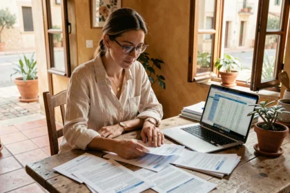 Femme comparant des offres d'assurance habitation à Nîmes sur sa table de cuisine