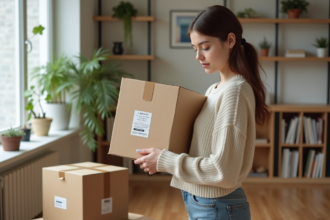 Jeune femme compare deux cartons de déménagement dans un salon lumineux