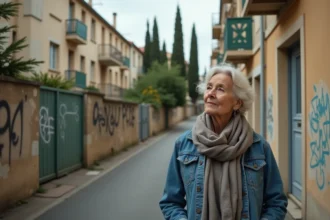 Femme en denim et foulard dans rue de Fréjus