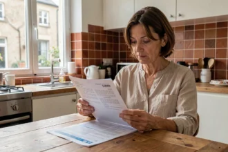 Femme consultant un contrat d'assurance multirisque habitation à la table de sa cuisine