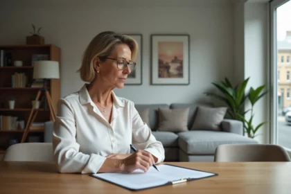 Femme d'âge moyen examinant un contrat de location dans un appartement moderne