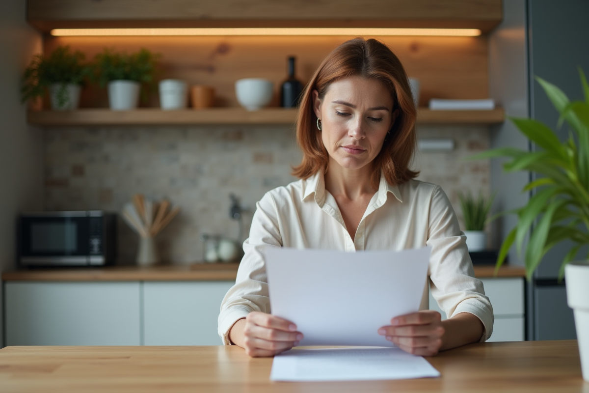 Femme examinant un contrat de location dans une cuisine moderne