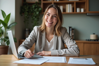 Jeune femme souriante vérifiant des documents de location dans un appartement moderne
