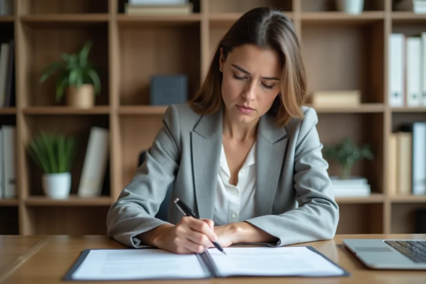 Femme entrepreneur signant des documents pour créer une SCI seule dans un bureau à domicile
