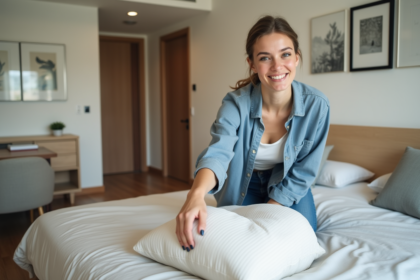 Femme souriante dans un appartement moderne et confortable