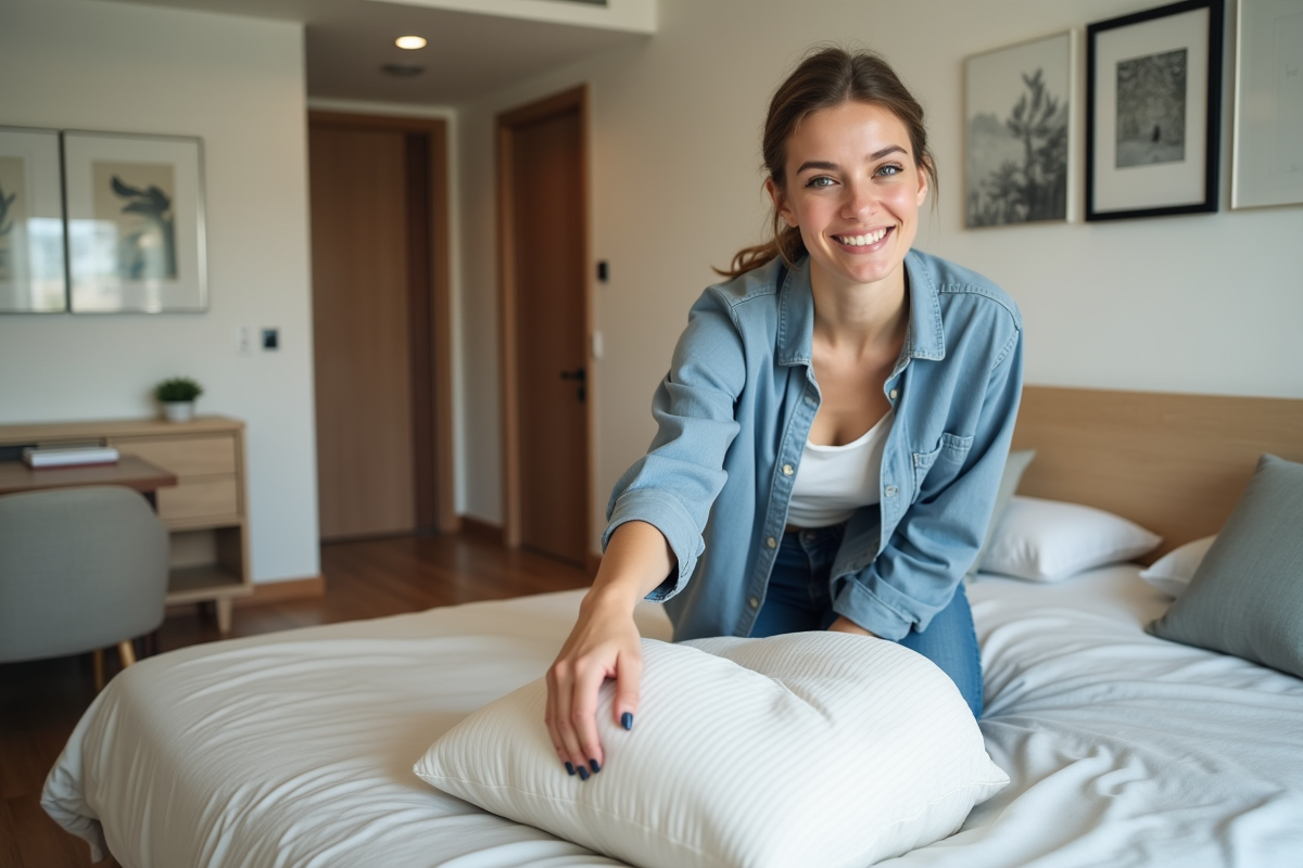 Femme souriante dans un appartement moderne et confortable