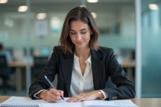 Femme en bureau municipal remplissant un formulaire logement
