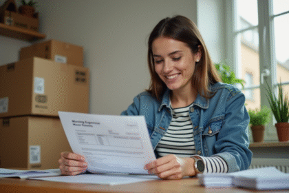 Femme regardant des documents de déménagement dans un appartement