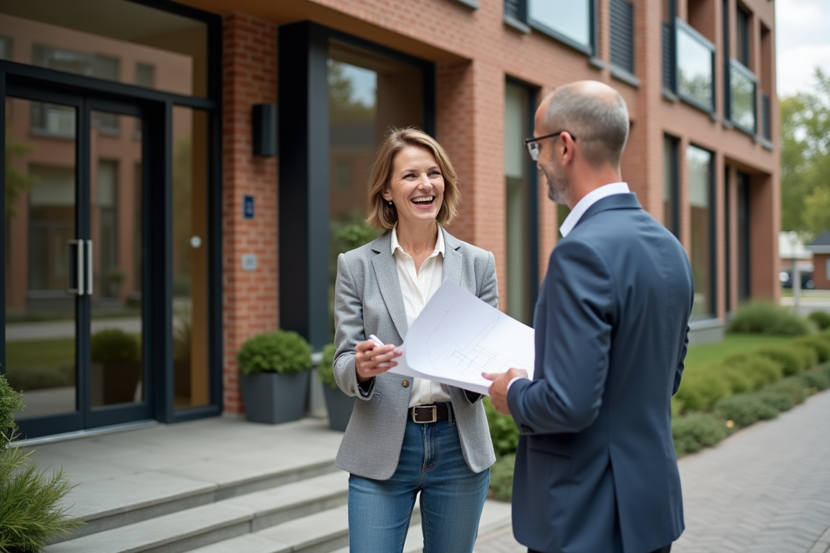 Femme discutant avec agent immobilier devant un immeuble neuf