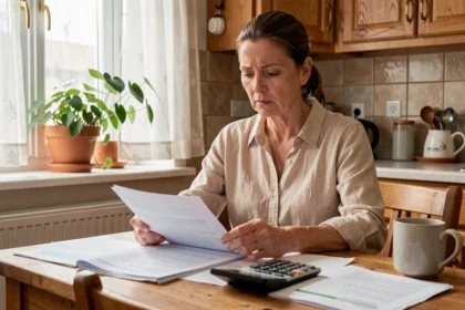 Femme examinant des documents d'assurance habitation à une table de cuisine en bois avec une calculatrice et des papiers épars