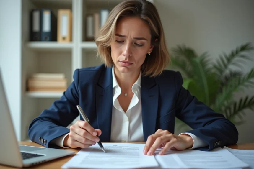 Femme consultant des documents administratifs pour régulariser un dossier 3233-SD refusé