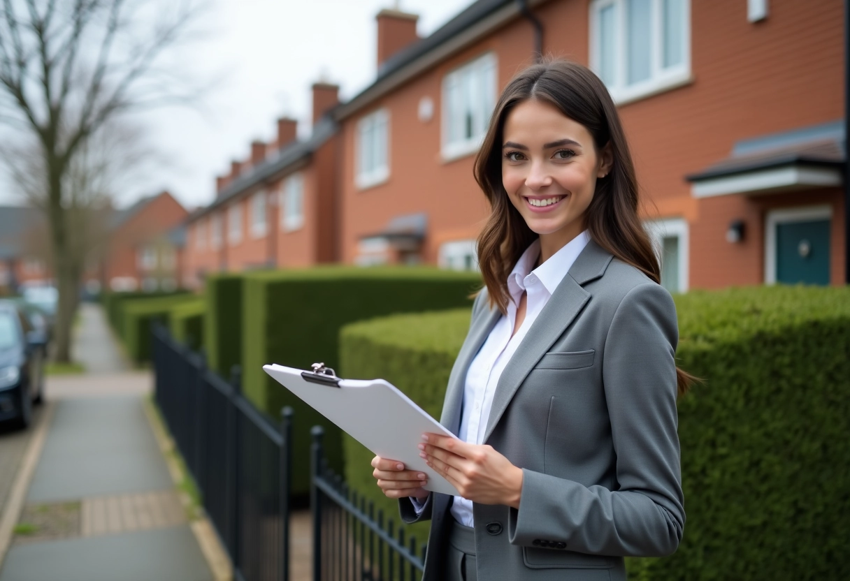 Jeune femme tenant un clipboard devant une maison en banlieue