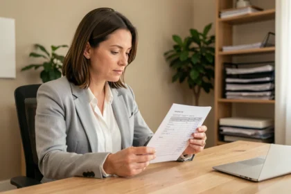 Femme consultant un dossier de demande de logement social avec formulaire ALIN à son bureau