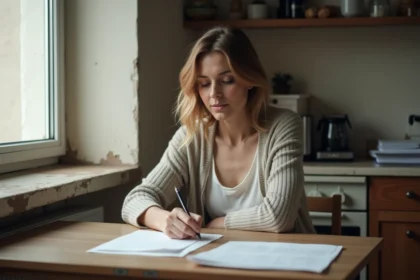 Femme écrivant une lettre formelle dans la cuisine