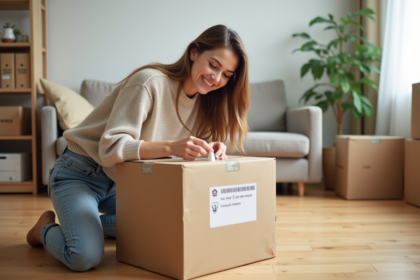 Femme souriante emballant une box de déménagement dans un salon lumineux