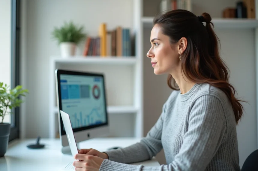 Femme utilisant l'espace client MyFoncia sur ordinateur portable dans un appartement moderne en 2026