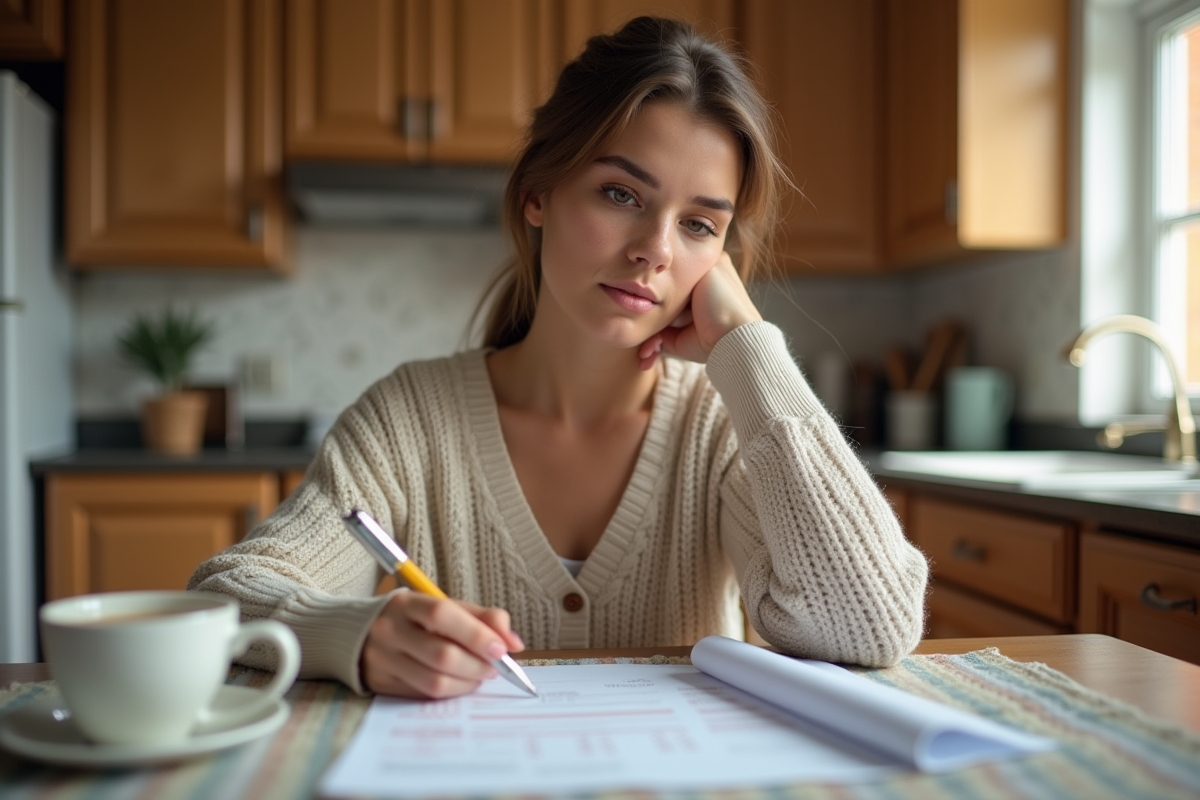 Jeune femme examinant des papiers financiers à la maison