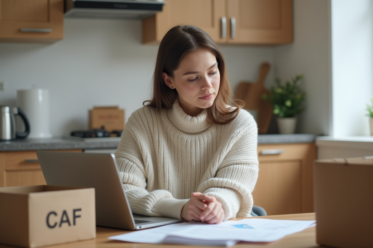 Jeune femme réfléchissant avec documents et ordinateur dans la cuisine