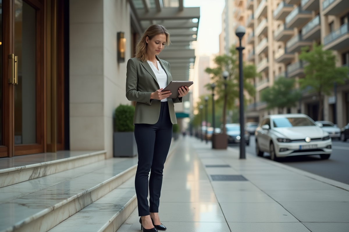 Femme gestionnaire immobilière devant un immeuble résidentiel de luxe