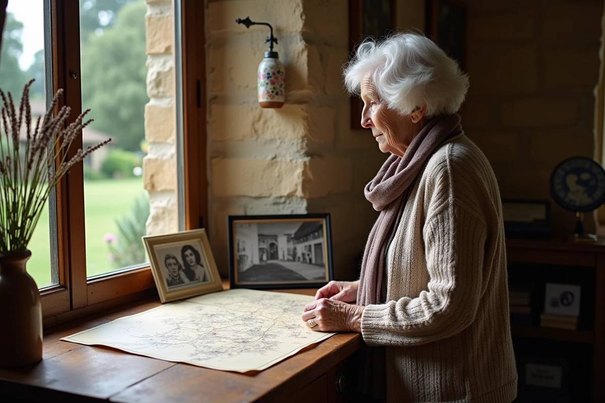 Femme âgée regardant une carte patrimoniale dans une maison ancienne