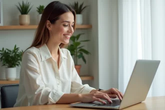 Femme souriante utilisant un ordinateur pour rechercher un bien immobilier