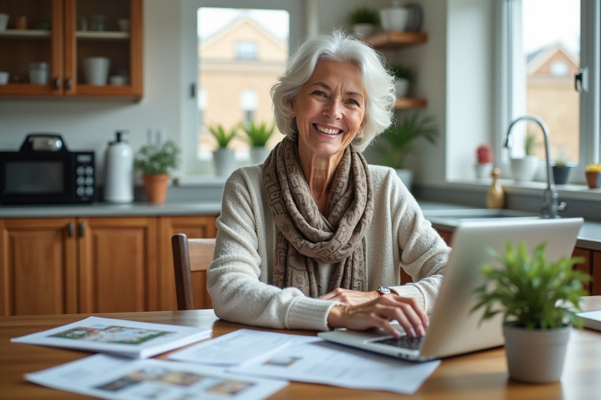Femme senior souriante dans une cuisine avec brochures immobilières