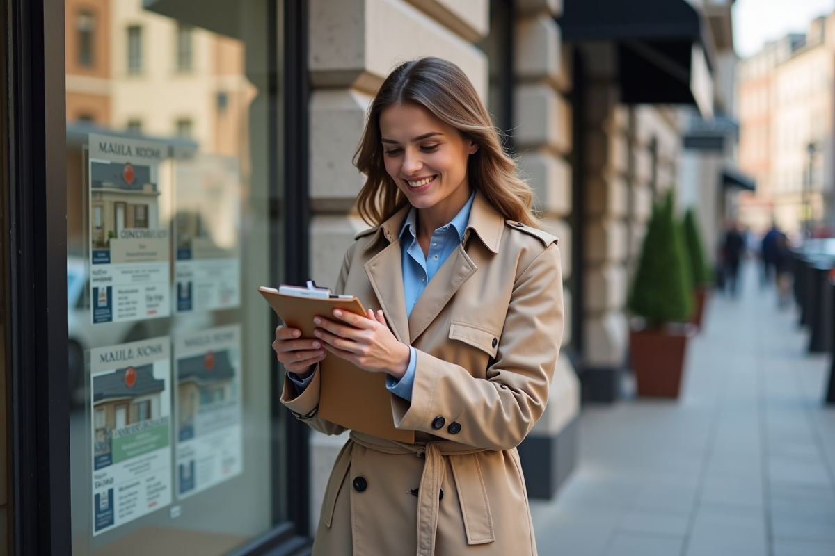 Femme souriante vérifiant son téléphone devant une vitrine immobilière