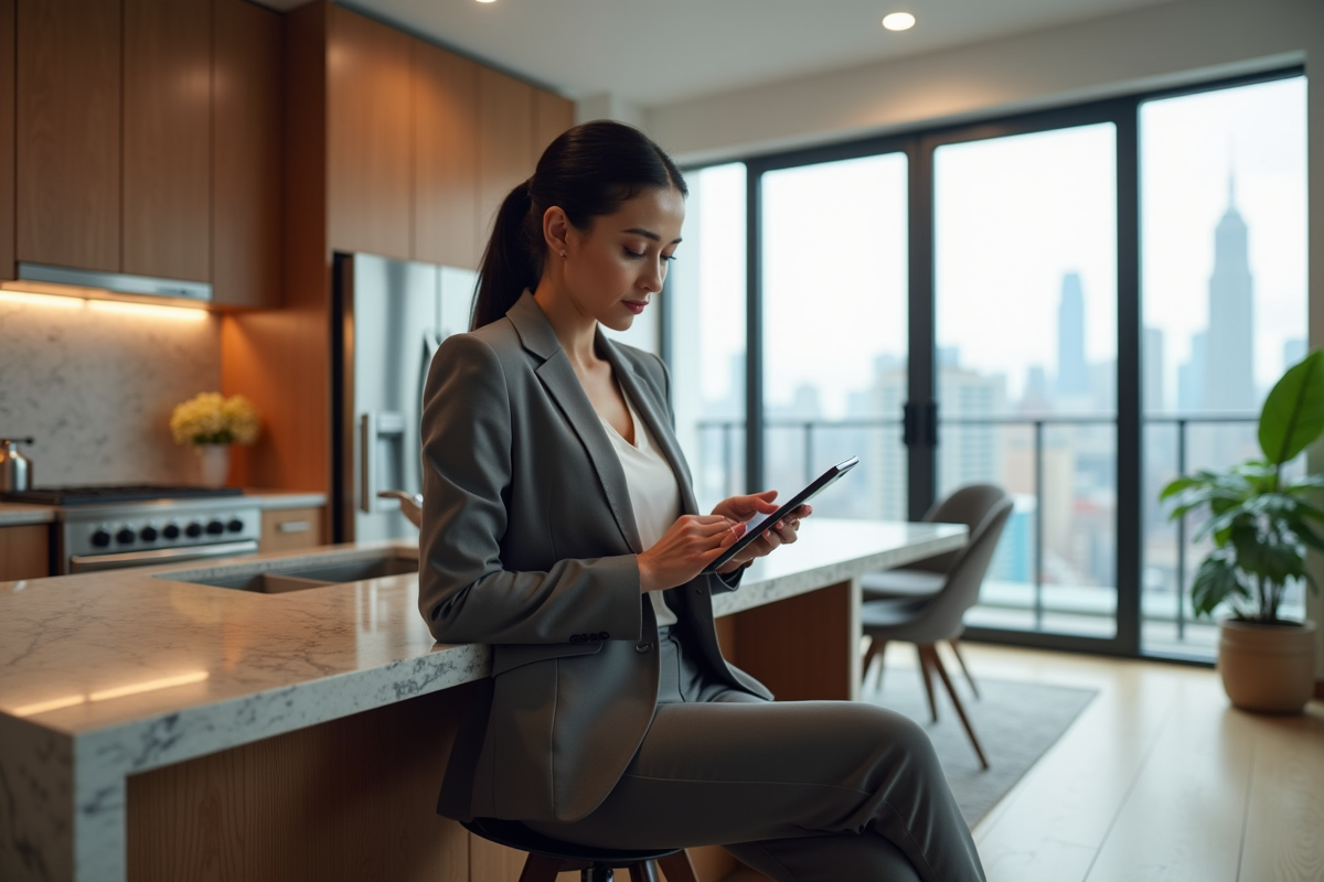 Femme professionnelle regardant des annonces immobilières