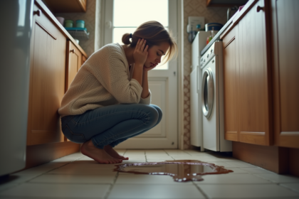 Femme inquiète inspectant une fuite d'eau sous l'évier de cuisine