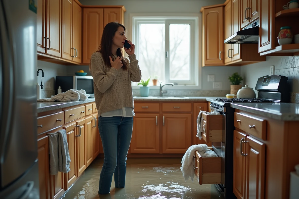 Femme inquiète parle au téléphone dans une cuisine inondée