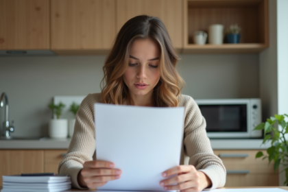 Jeune femme examine des papiers de location dans son appartement