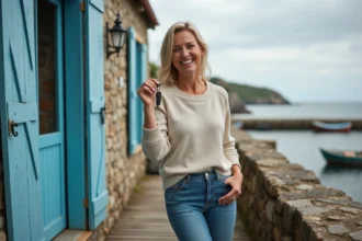 Femme souriante tenant des clés devant une maison de bord de mer